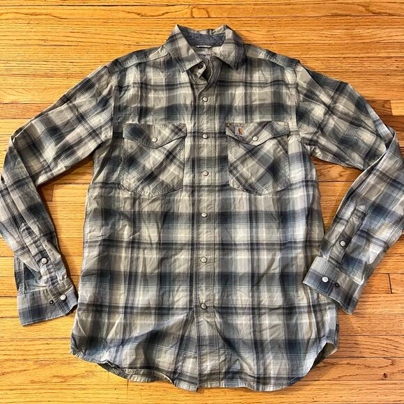 Carhartt Shirt Mens Small Relaxed Pearl Snap Plaid Work Long Sleeve Gray - Picture 1 of 8